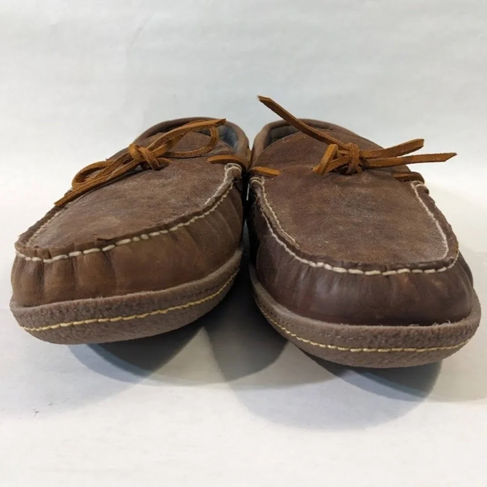 LL Bean Mens Leather Moccasin Slippers Brown Plaid Flannel Lined Size 12